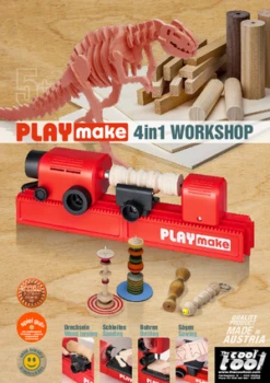 PLAYmake 4 In 1 Houtbewerkingsmachine Houtdraaibank -Chique Speelgoeds Winkel Playmake Flyer speelactief