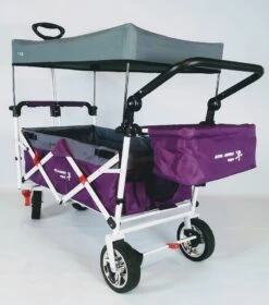 Active Outdoor Bolderkar Paars Met Zonnedak En Extra Bagagetas. Showmodel -Chique Speelgoeds Winkel bolderwagen active outdoor wagon paars duwbeugel voor