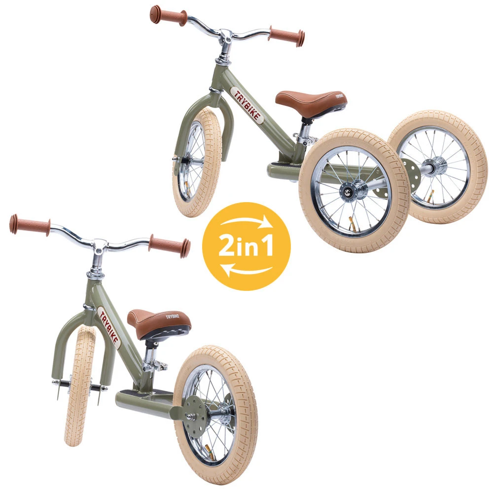 Trybike Steel Green 2in1 Loopfiets Vintage Groen 3 Trybike Steel Green 2in1 Loopfiets Vintage Groen - Afbeelding 2